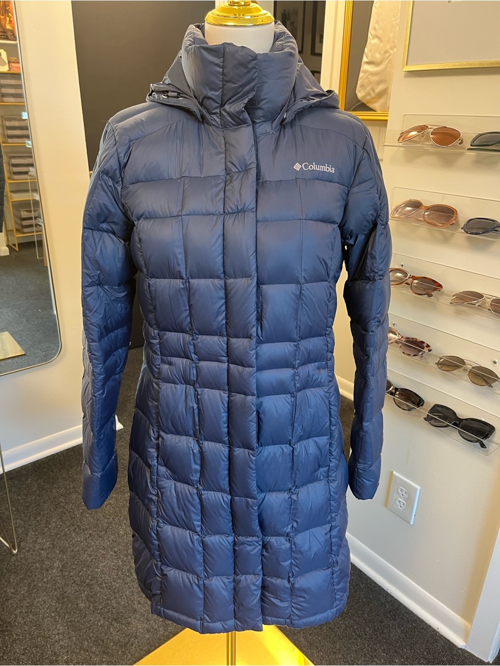 Columbia Navy Long Quilted Down Puffer Coat with Hood